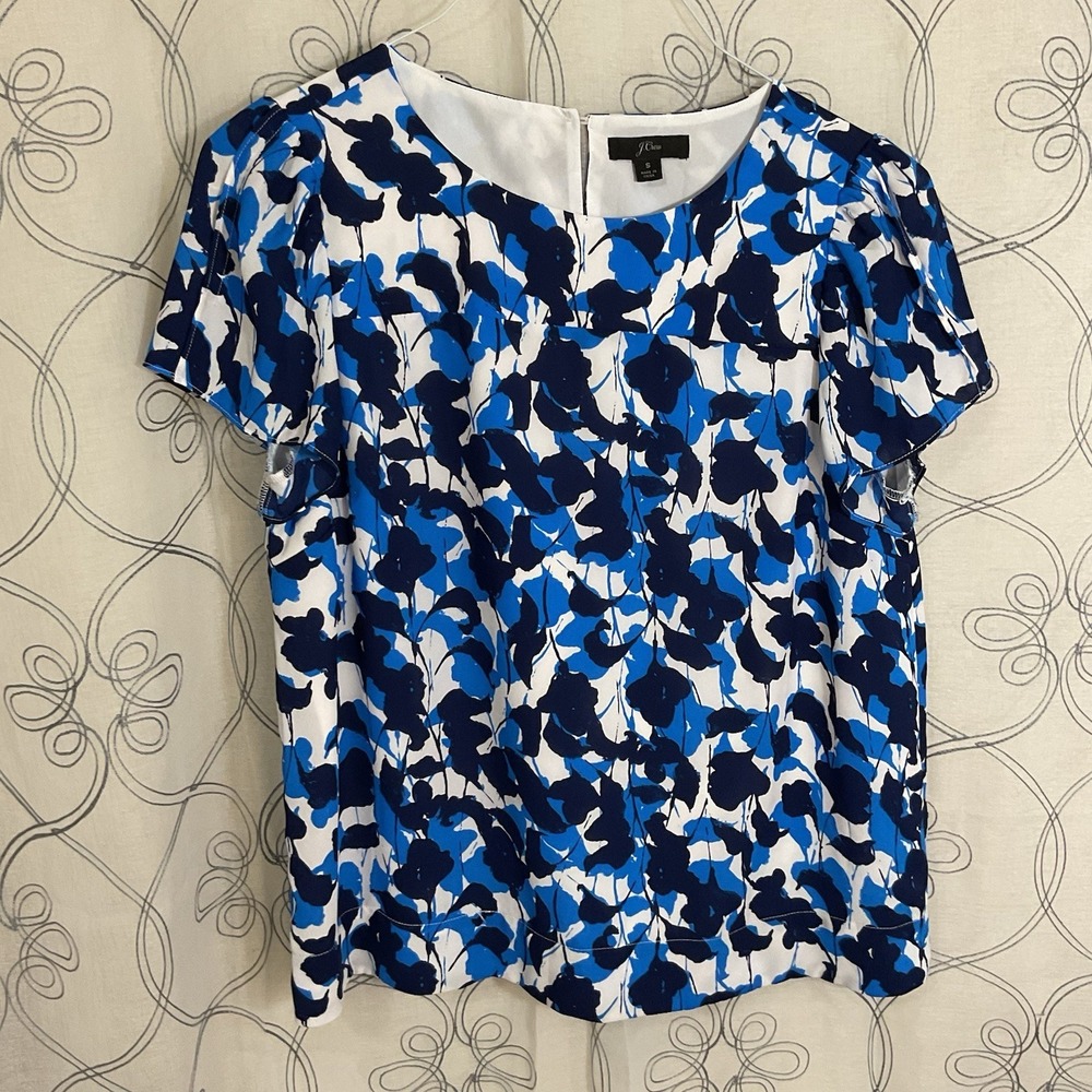 Women's J. Crew Short Sleeve Flutter Top Blue‎ Abstract Blouse Size Small